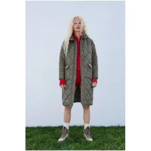 ZARA Longline Green Quilted Puffer Jacket Size Small